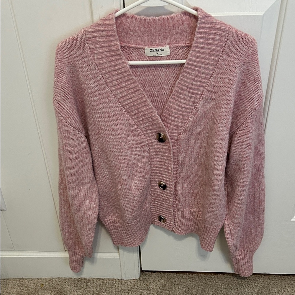 Zenana Outfitters Blush Pink V-Neck Cardigan Sweater Polyester Women’s Size M
